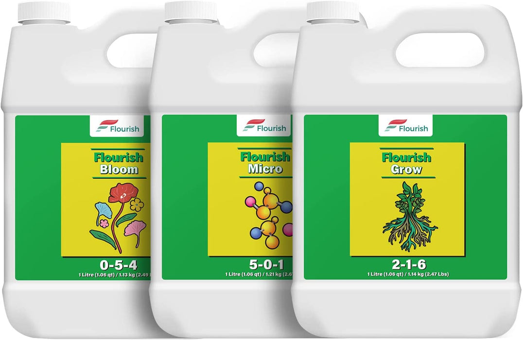 Bloom Grow Micro Hydroponic Nutrients - Flourish Liquid Garden Fertilizer Series for Plants and Vegetables (Pack of 3- 1 Liter Each)